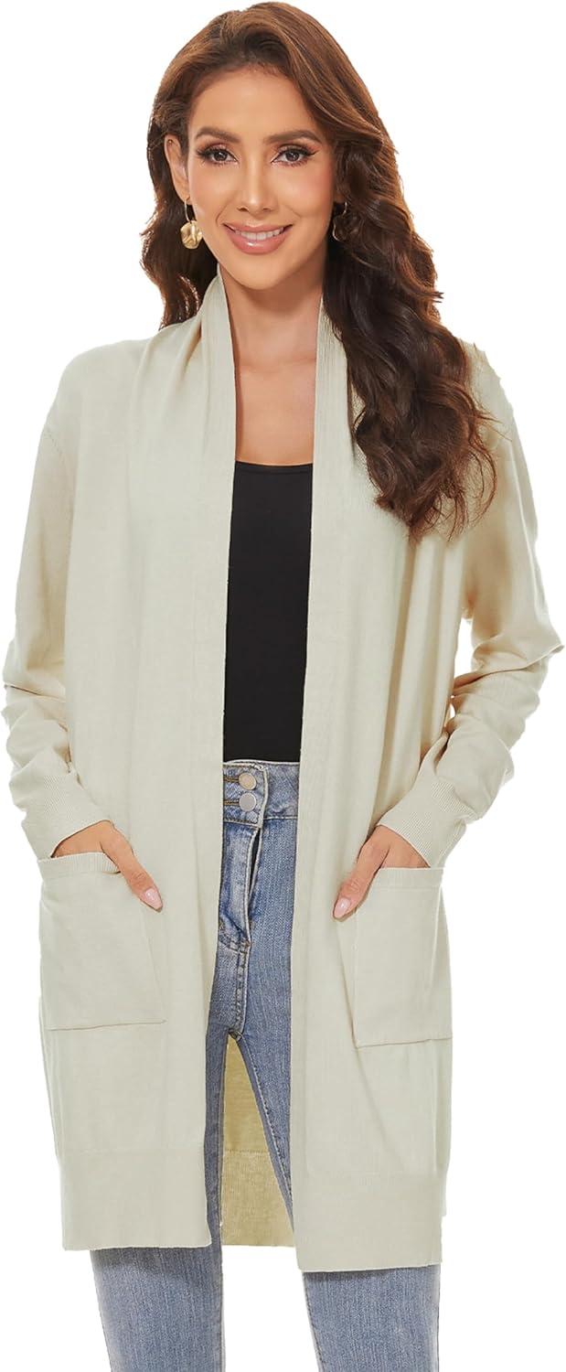 imageHuuloo Womens Open Front Long Shawl Cardigan Sweater with PocketsApricot