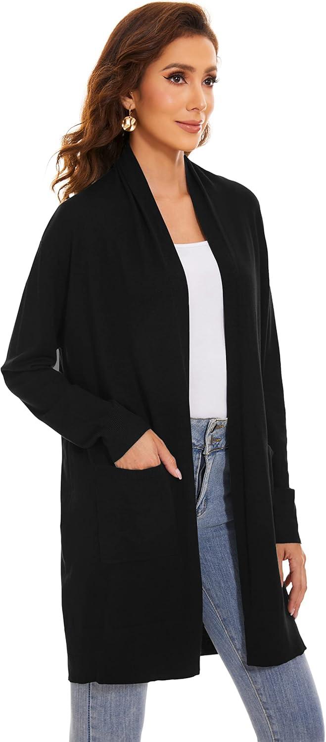 imageHuuloo Womens Open Front Long Shawl Cardigan Sweater with PocketsBlack