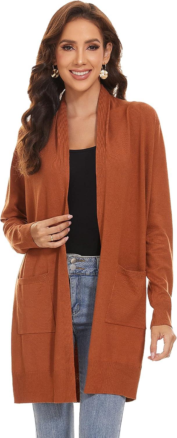 imageHuuloo Womens Open Front Long Shawl Cardigan Sweater with PocketsBrown