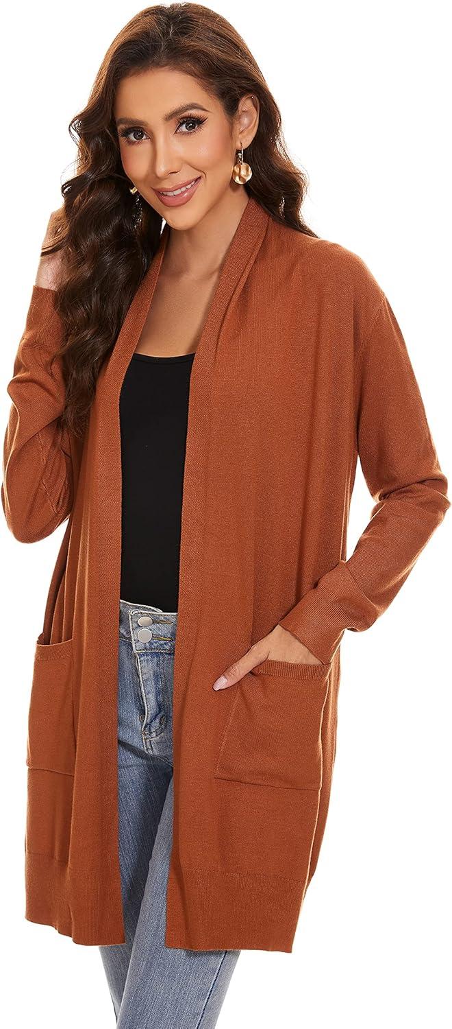 imageHuuloo Womens Open Front Long Shawl Cardigan Sweater with PocketsBrown