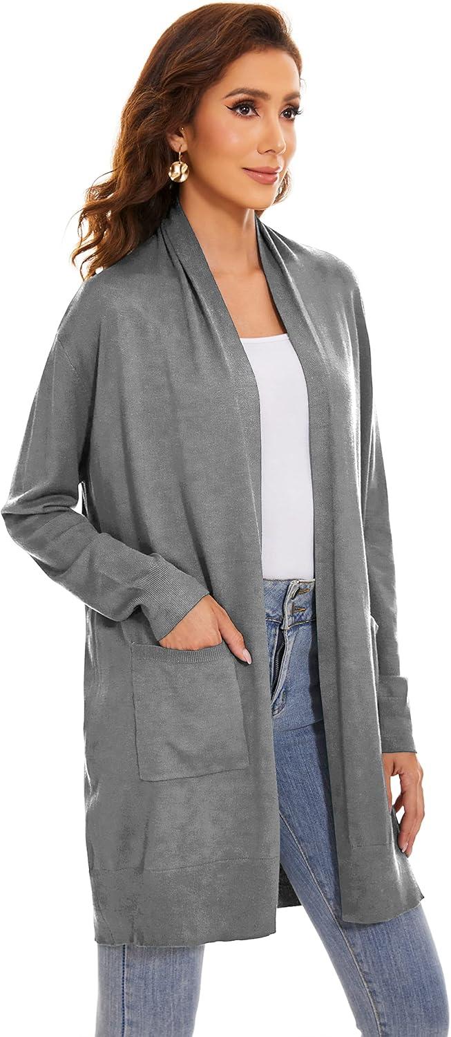imageHuuloo Womens Open Front Long Shawl Cardigan Sweater with PocketsGray