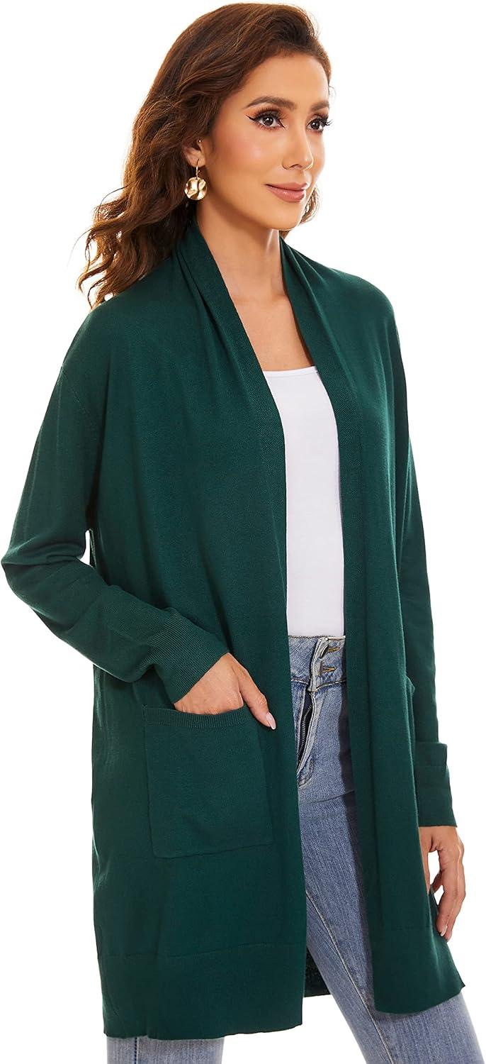 imageHuuloo Womens Open Front Long Shawl Cardigan Sweater with PocketsGreen