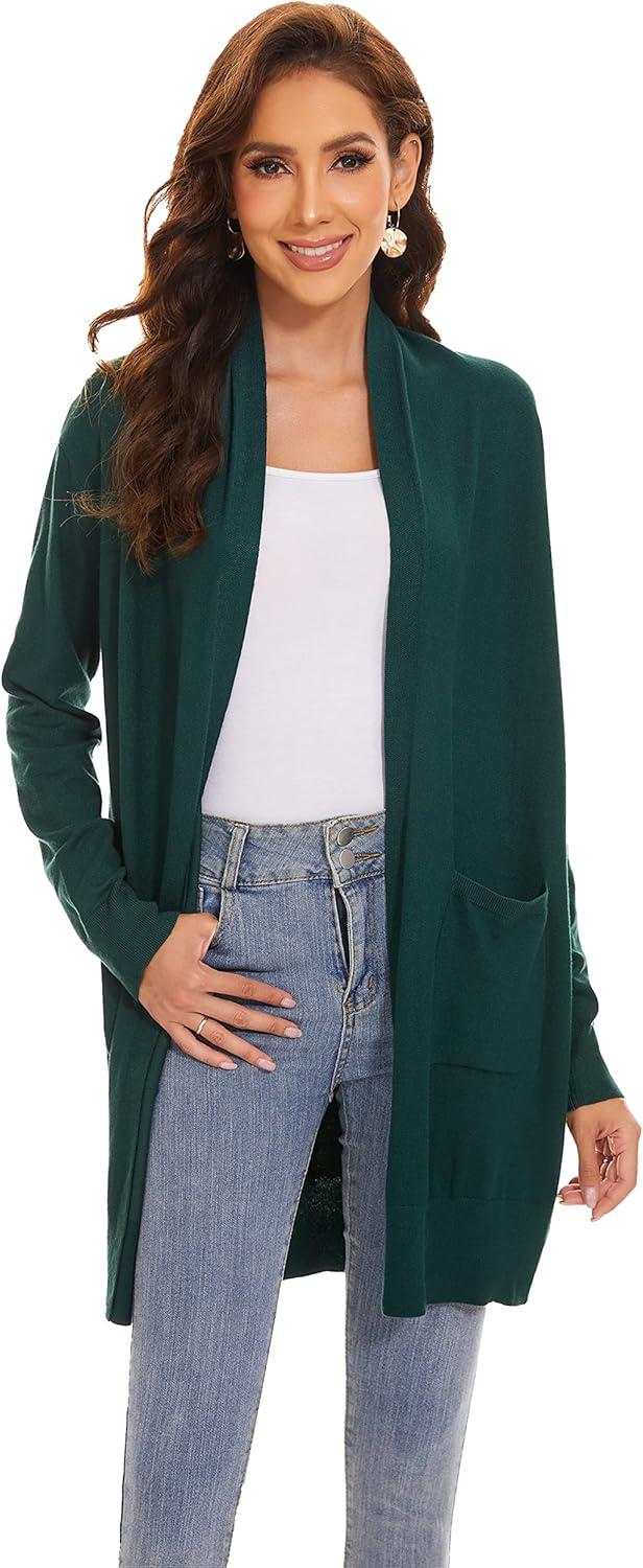 imageHuuloo Womens Open Front Long Shawl Cardigan Sweater with PocketsGreen