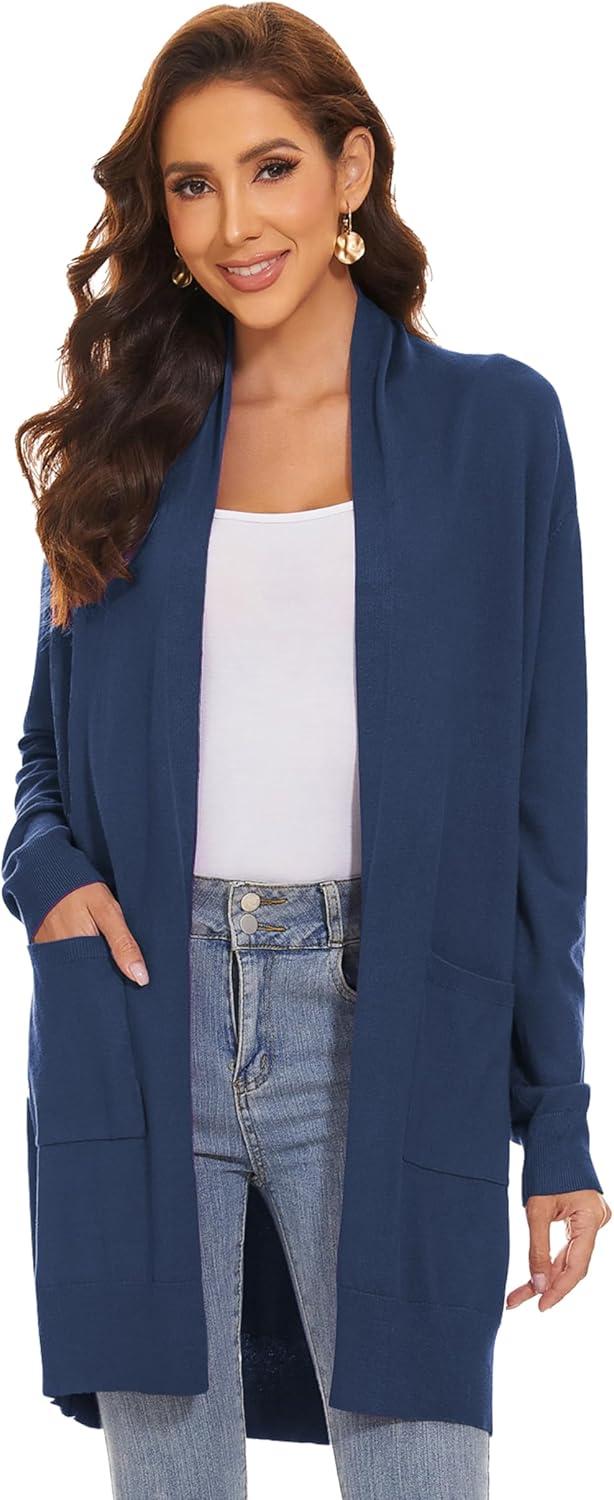 imageHuuloo Womens Open Front Long Shawl Cardigan Sweater with PocketsNavy Blue