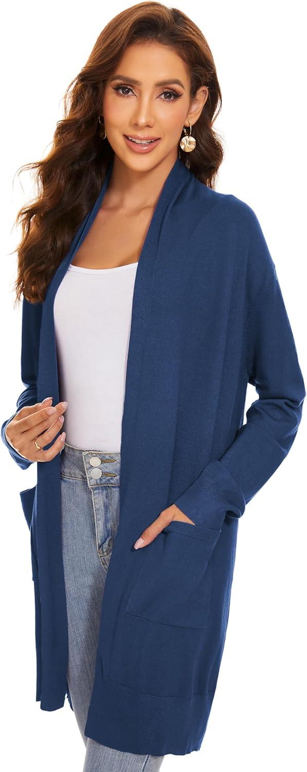 imageHuuloo Womens Open Front Long Shawl Cardigan Sweater with PocketsNavy Blue