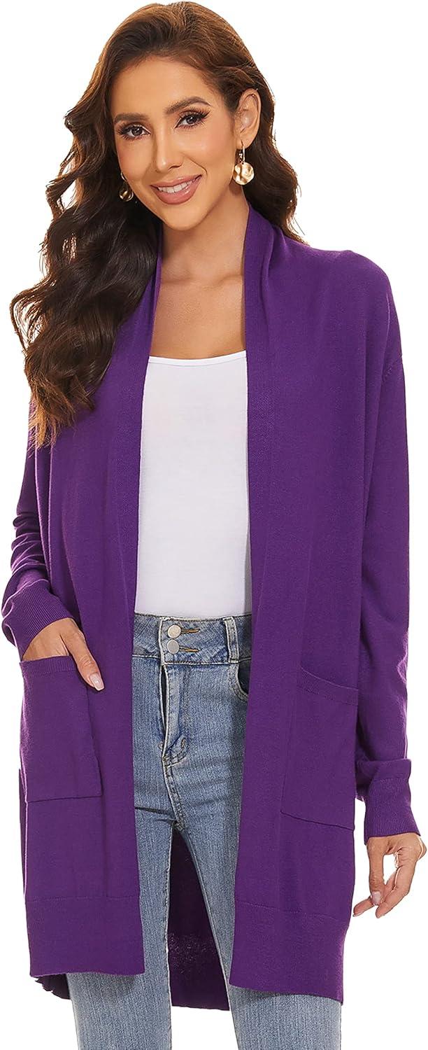 imageHuuloo Womens Open Front Long Shawl Cardigan Sweater with PocketsPurple