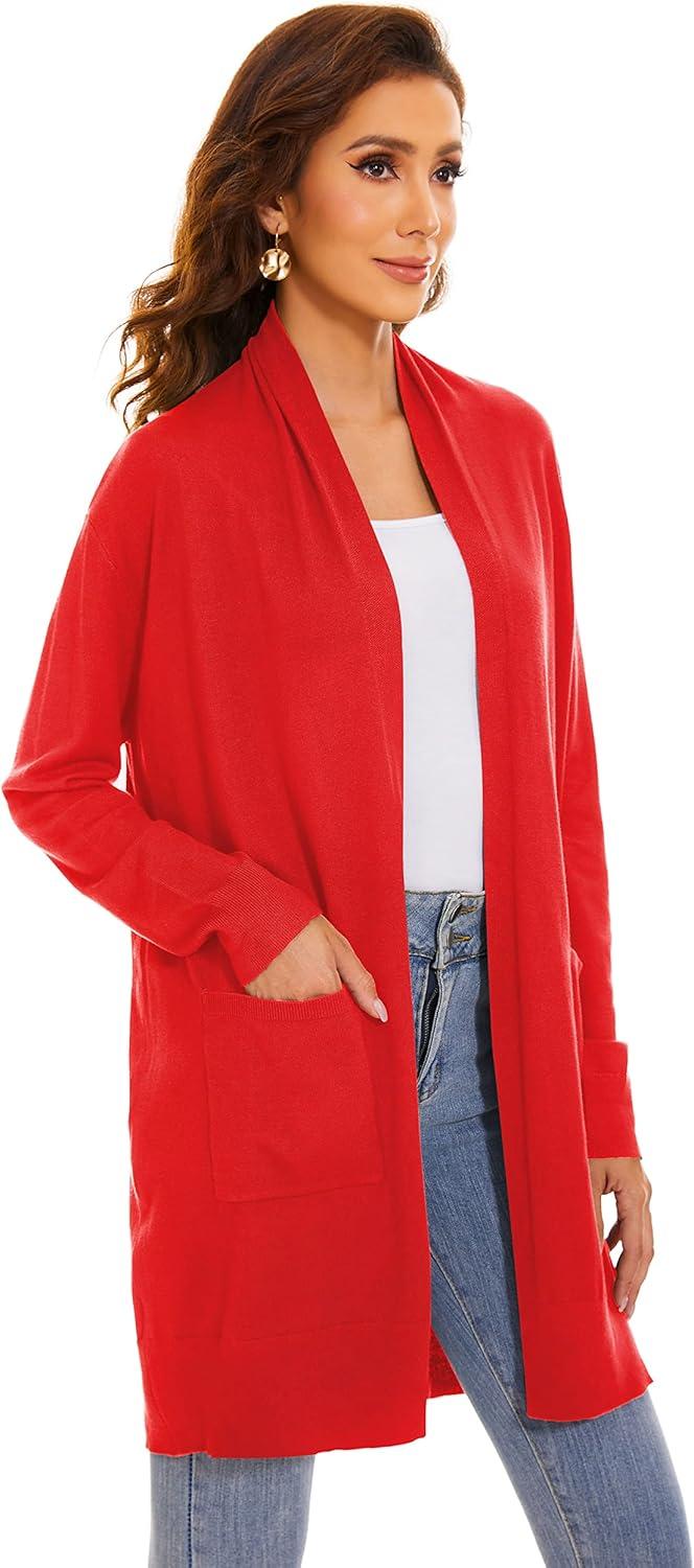 imageHuuloo Womens Open Front Long Shawl Cardigan Sweater with PocketsRed