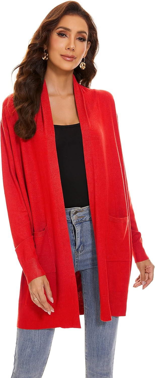 imageHuuloo Womens Open Front Long Shawl Cardigan Sweater with PocketsRed