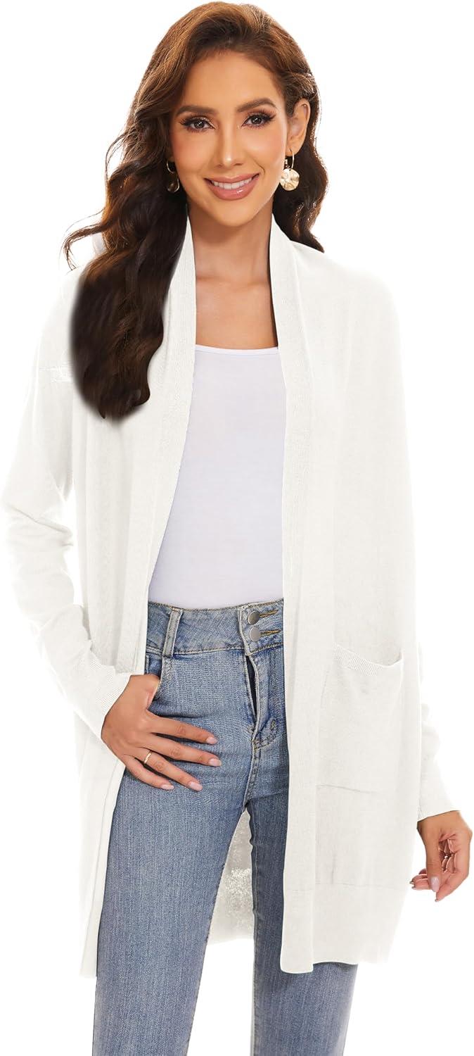 imageHuuloo Womens Open Front Long Shawl Cardigan Sweater with PocketsWhite