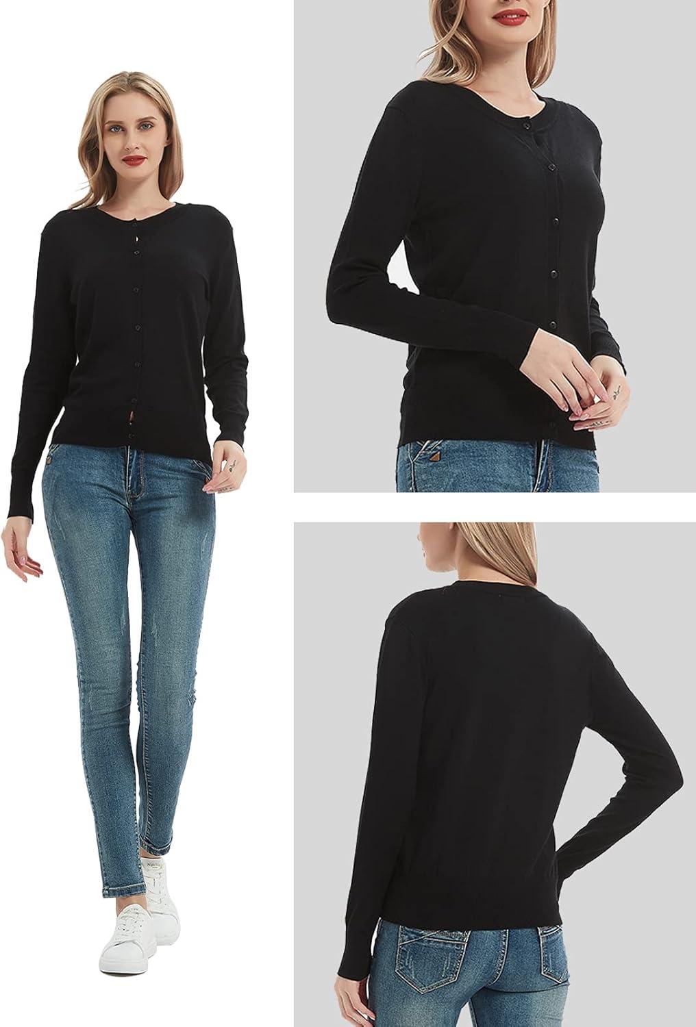 imageWomens Crew Neck Button Down Long Sleeve Cardigan SweaterBlack