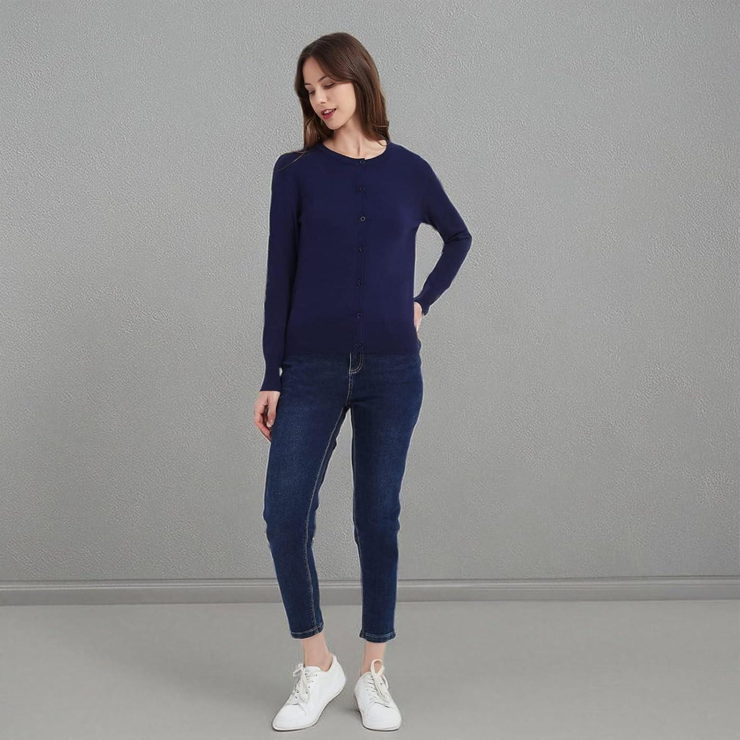 imageWomens Crew Neck Button Down Long Sleeve Cardigan SweaterBlue