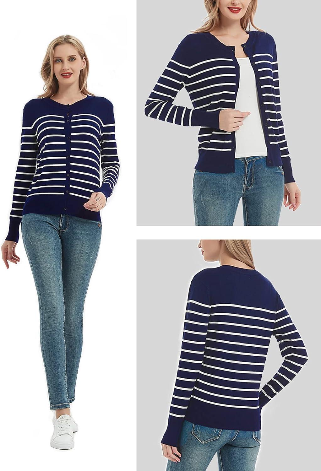 imageWomens Crew Neck Button Down Long Sleeve Cardigan SweaterBlue and White