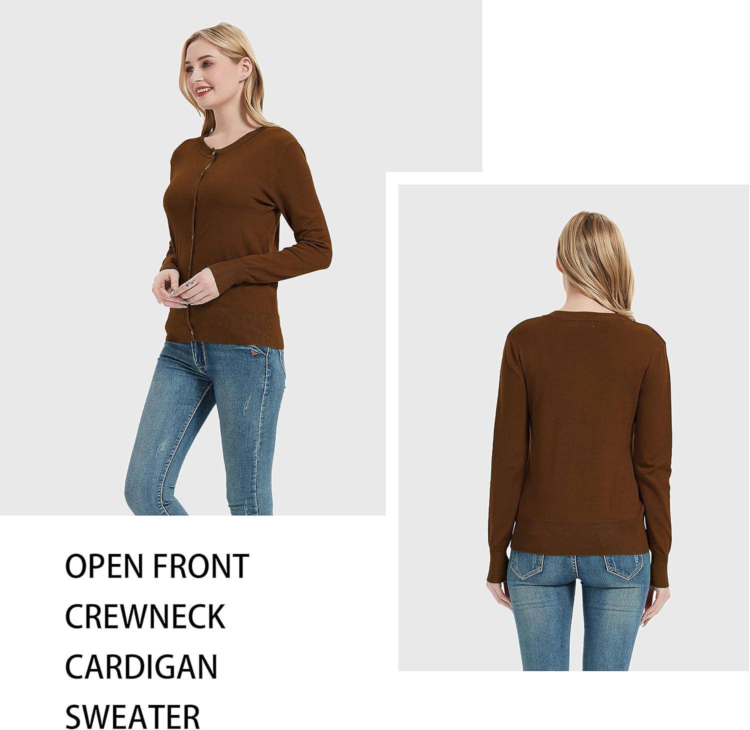 imageWomens Crew Neck Button Down Long Sleeve Cardigan SweaterBrown