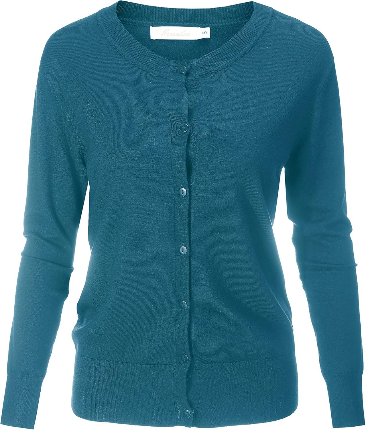 imageWomens Crew Neck Button Down Long Sleeve Cardigan SweaterDark Cyan