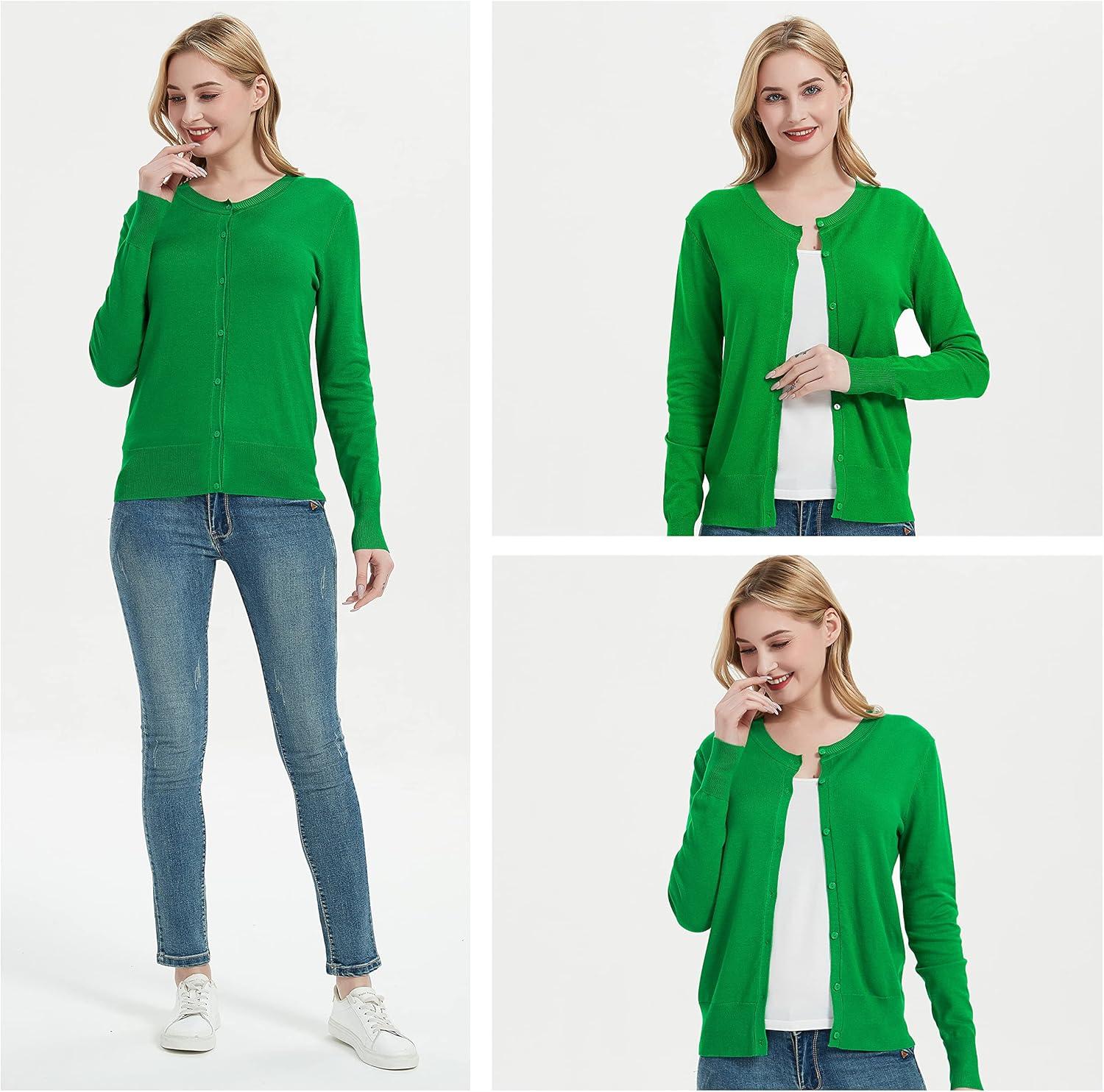 imageWomens Crew Neck Button Down Long Sleeve Cardigan SweaterGreen