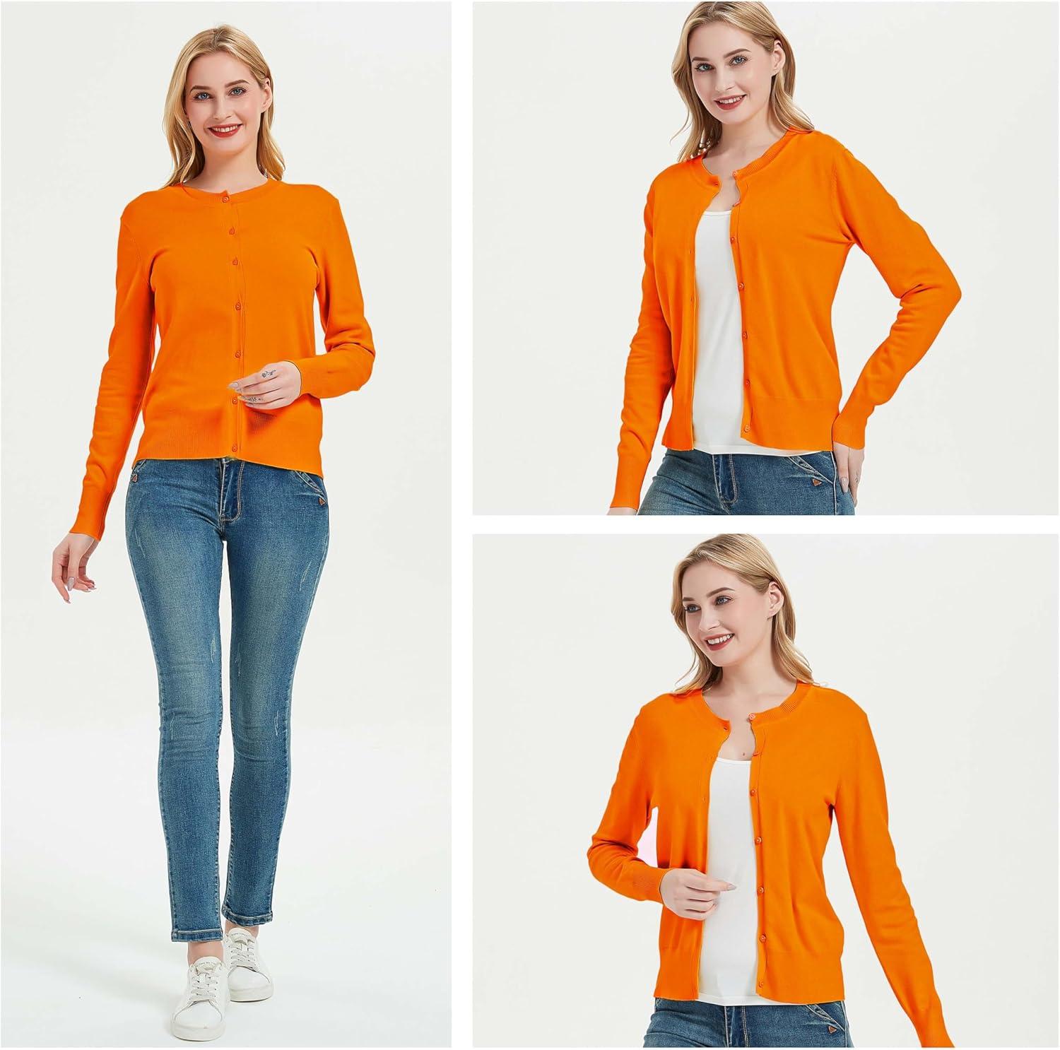 imageWomens Crew Neck Button Down Long Sleeve Cardigan SweaterOrange