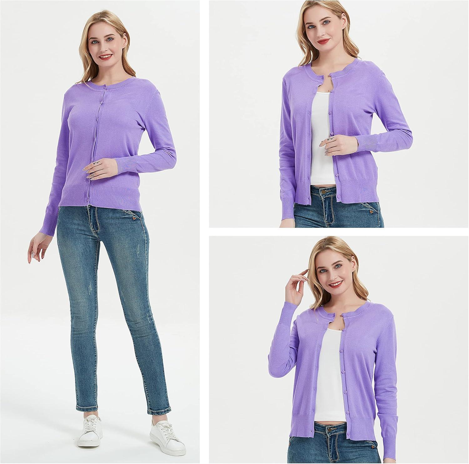 imageWomens Crew Neck Button Down Long Sleeve Cardigan SweaterPurple