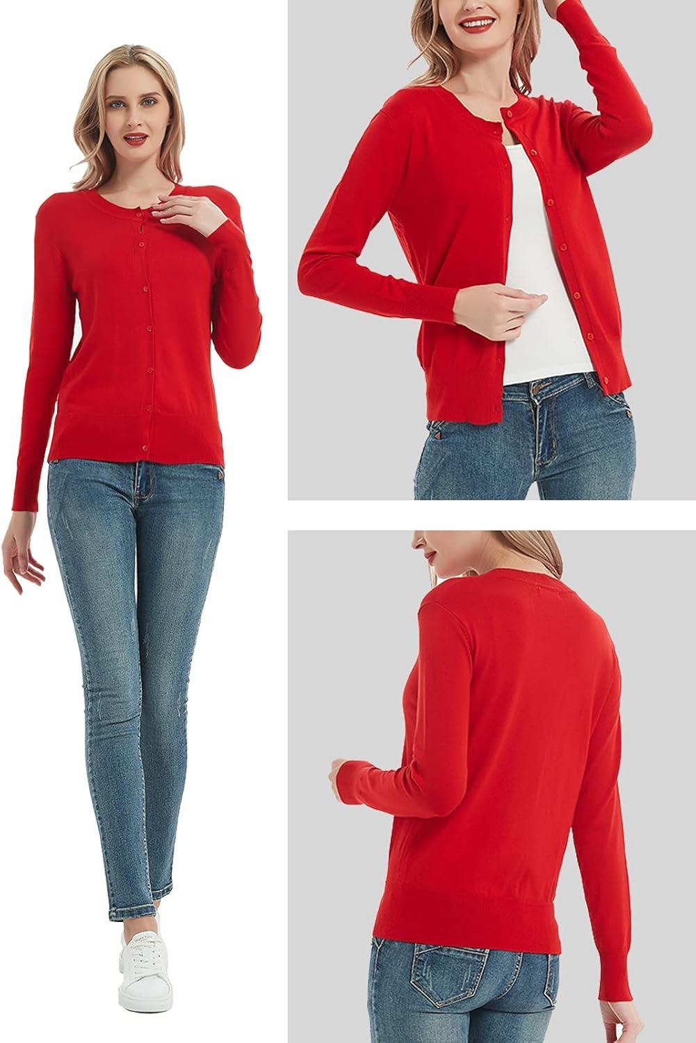 imageWomens Crew Neck Button Down Long Sleeve Cardigan SweaterRed