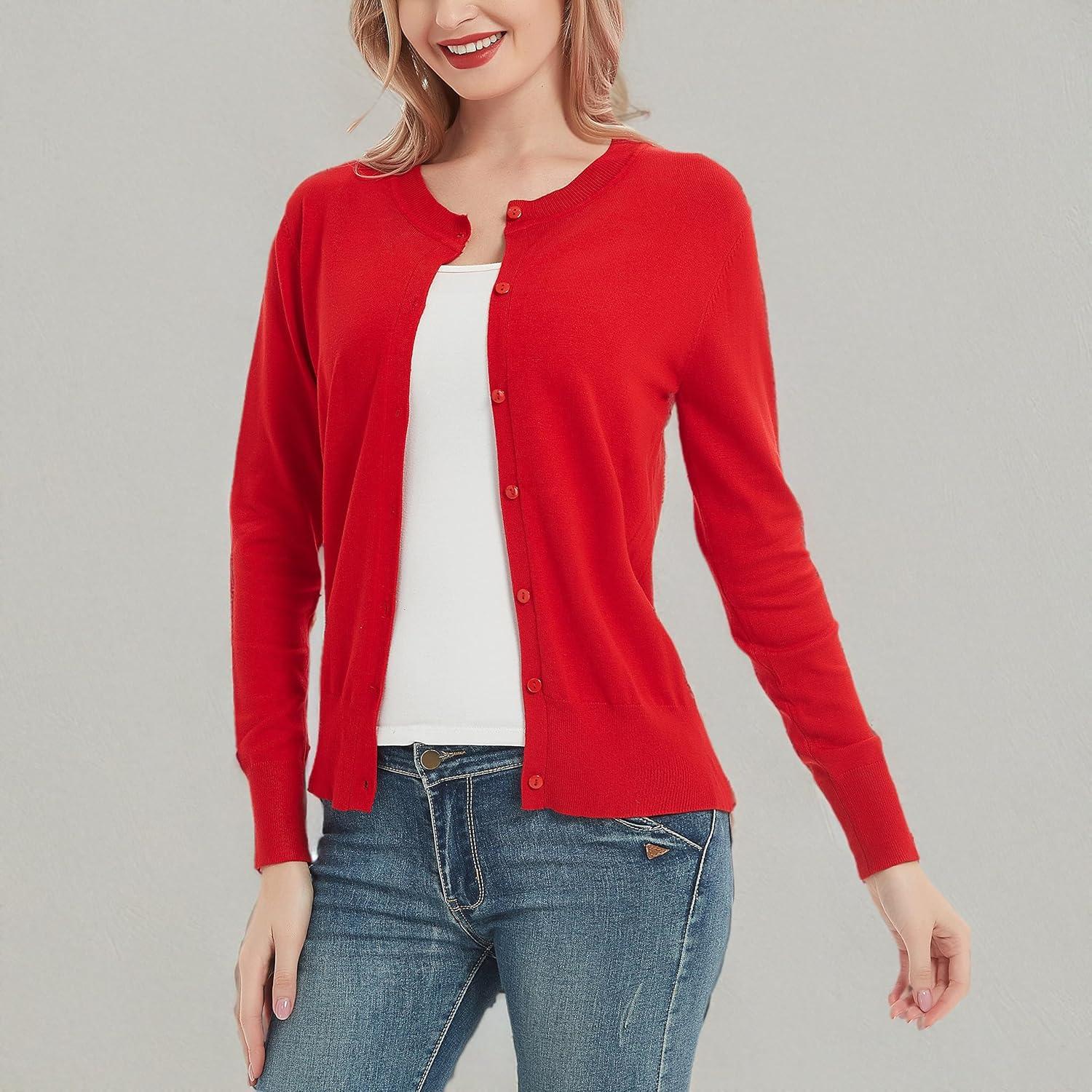 imageWomens Crew Neck Button Down Long Sleeve Cardigan SweaterRed