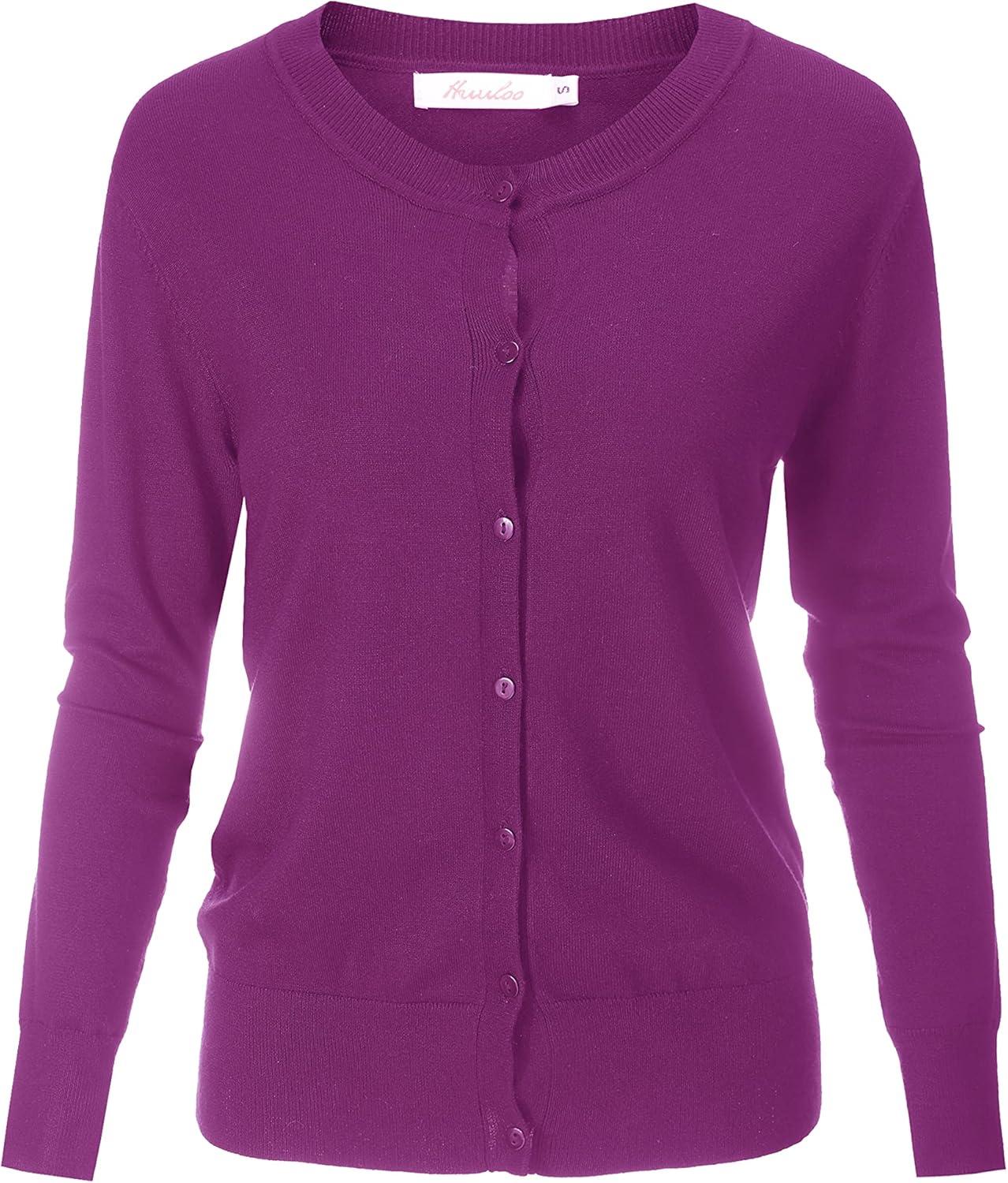 imageWomens Crew Neck Button Down Long Sleeve Cardigan SweaterViolet Deep