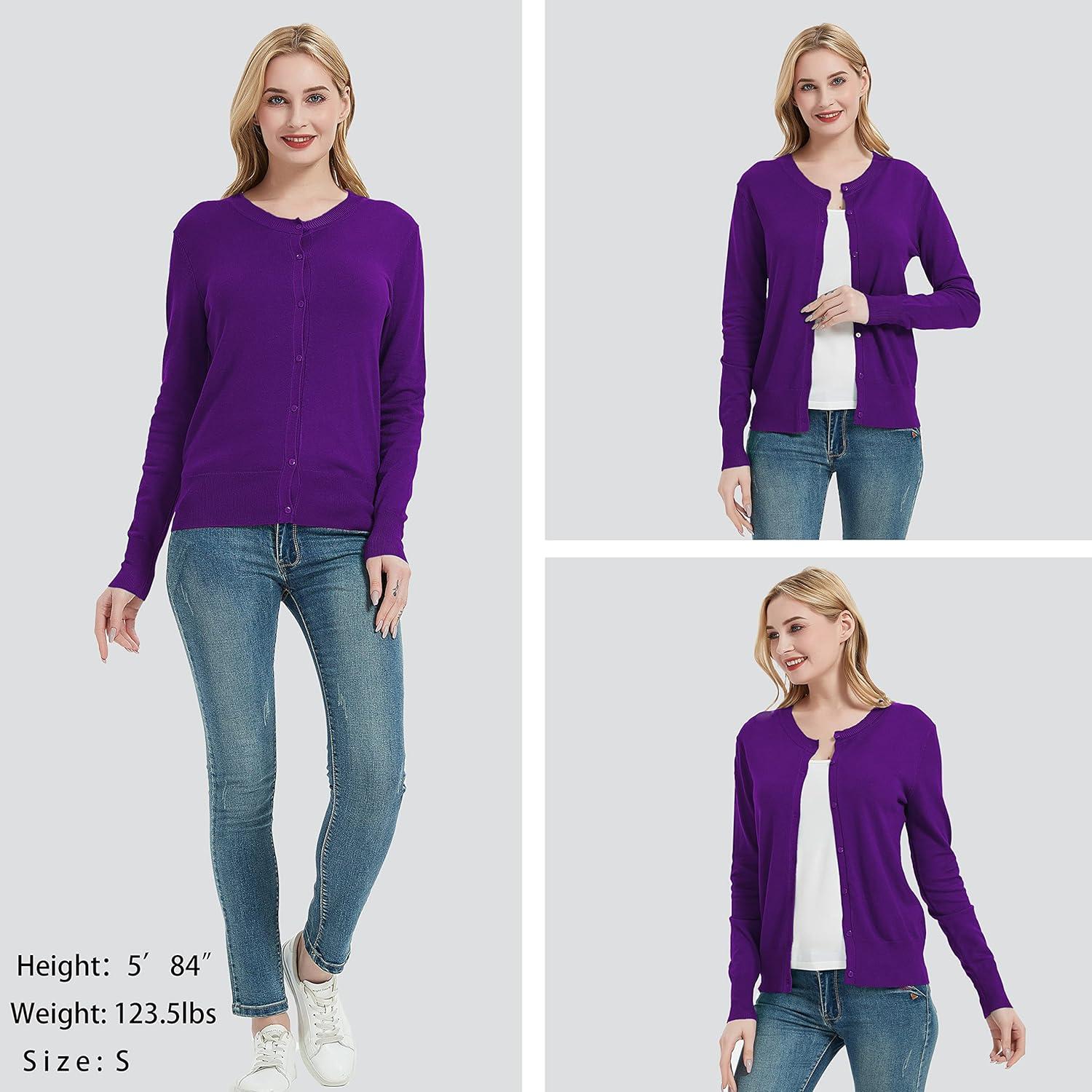 imageWomens Crew Neck Button Down Long Sleeve Cardigan SweaterViolet Deep