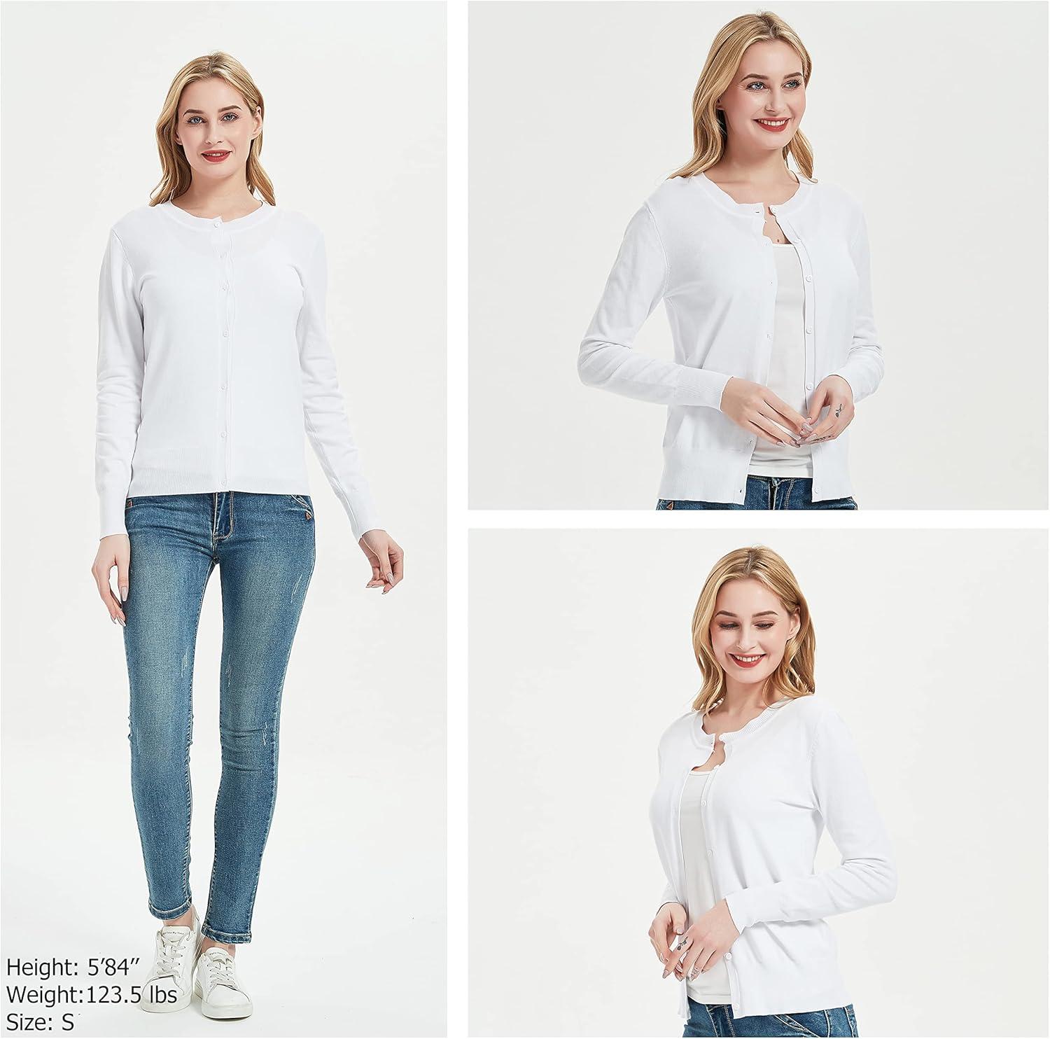 imageWomens Crew Neck Button Down Long Sleeve Cardigan SweaterWhite