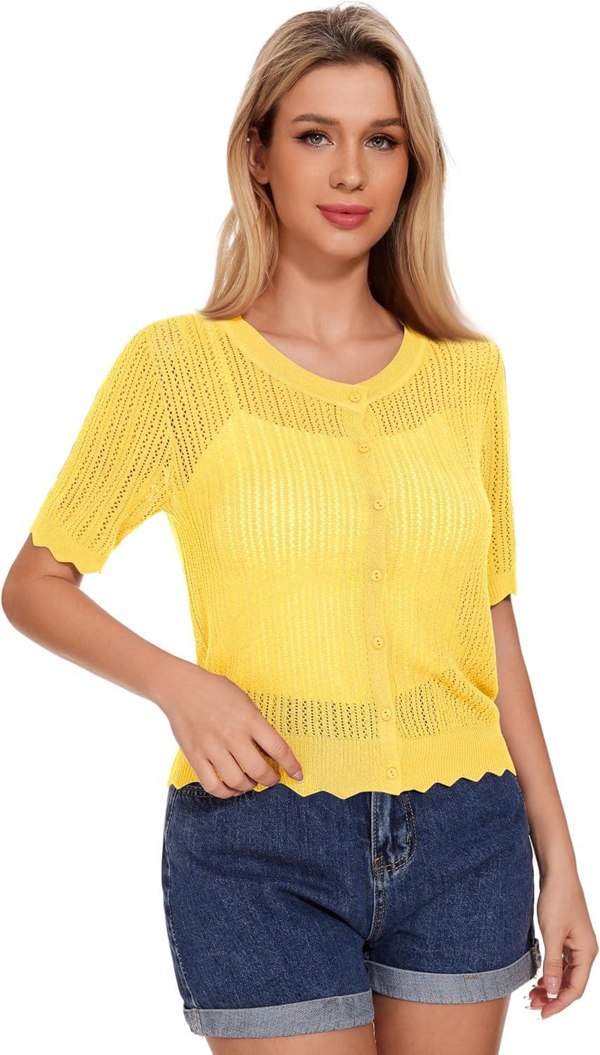 imageWomens Short Sleeve Summer Hollow Out Crew Neck Button Down Cardigan Sweater