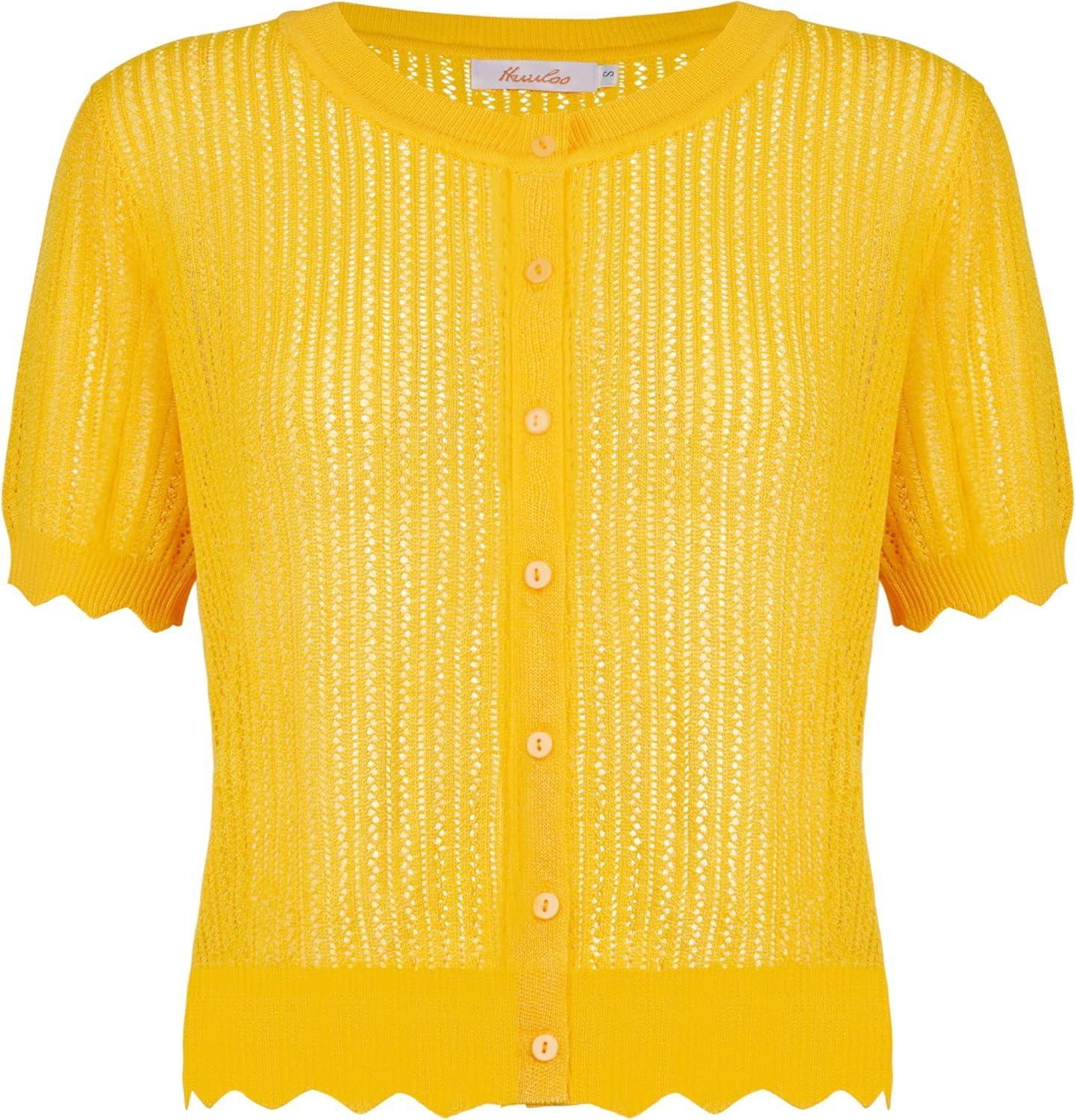 imageWomens Short Sleeve Summer Hollow Out Crew Neck Button Down Cardigan Sweater