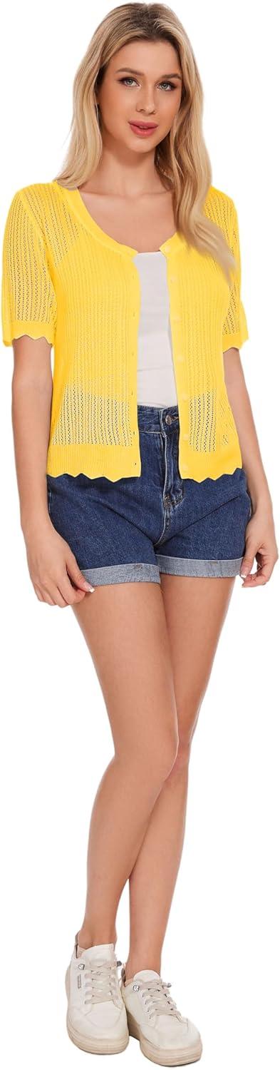imageWomens Short Sleeve Summer Hollow Out Crew Neck Button Down Cardigan Sweater