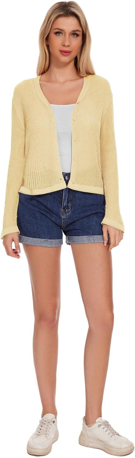 imageWomens Summer Lightweight V Neck Button Down Long Sleeve Cardigan Sweater