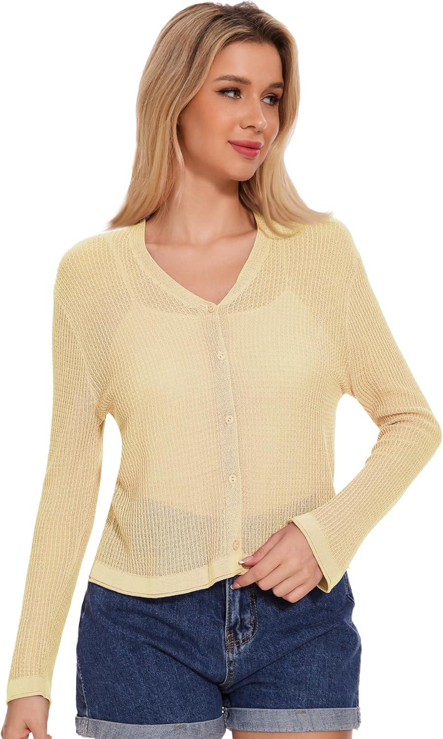 imageWomens Summer Lightweight V Neck Button Down Long Sleeve Cardigan Sweater