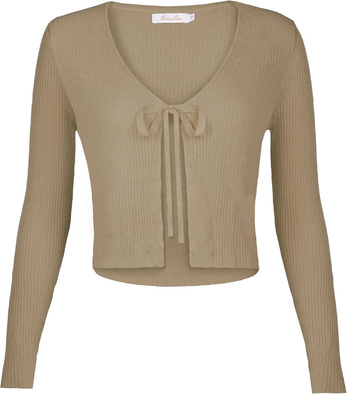 imageWomens Tie Front Short Shrug Tops V Neck Open Front Cardigan Long Sleeve Ribbed Knit Sweater