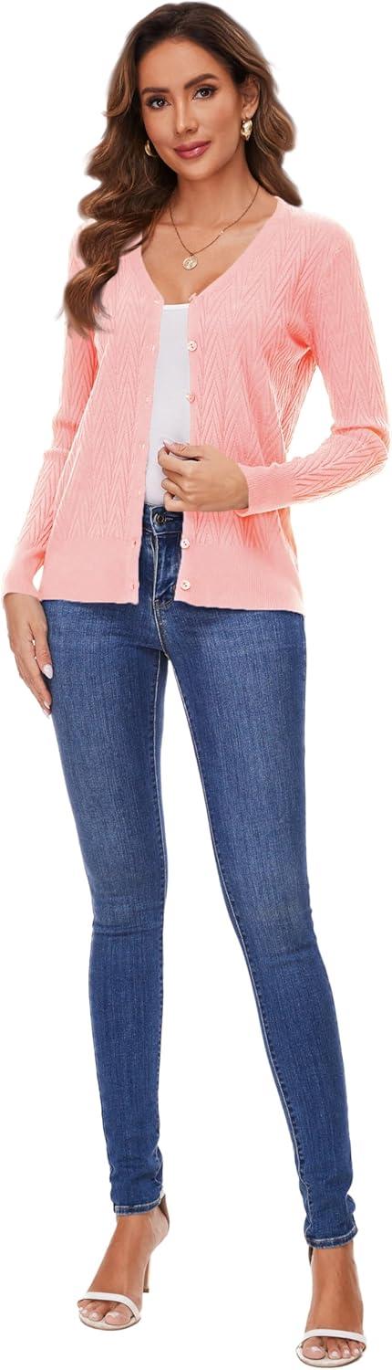 imageWomens V Neck Button Down Long Sleeve Cardigan Sweater2405light Pink