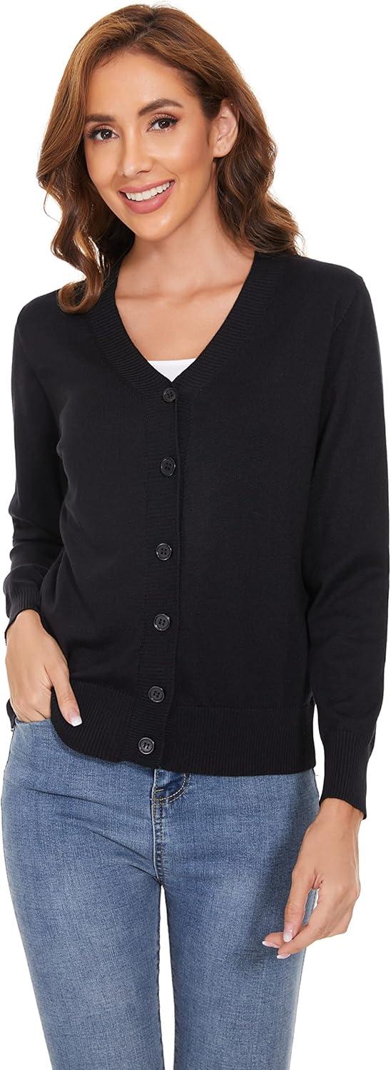 imageWomens V Neck Button Down Long Sleeve Cardigan SweaterVblack