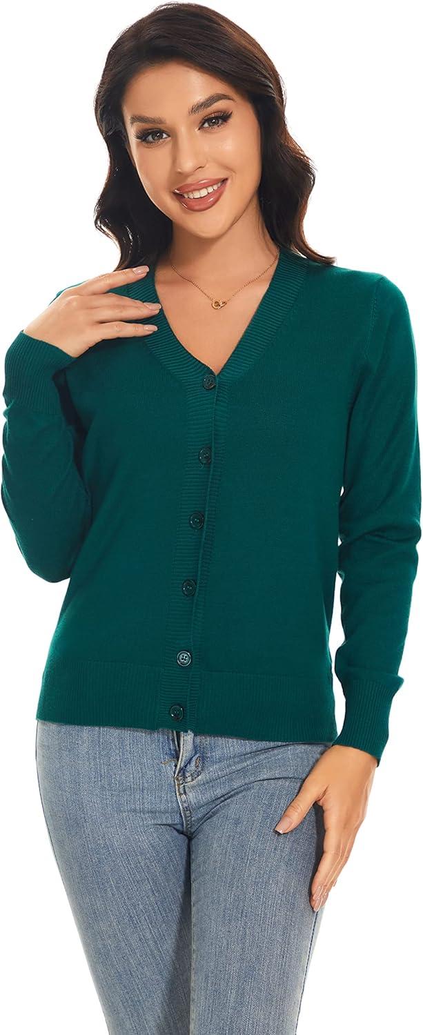 imageWomens V Neck Button Down Long Sleeve Cardigan SweaterVdark Green
