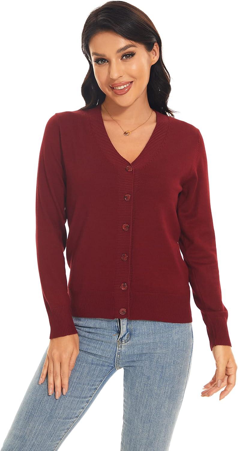 imageWomens V Neck Button Down Long Sleeve Cardigan SweaterVdark Red