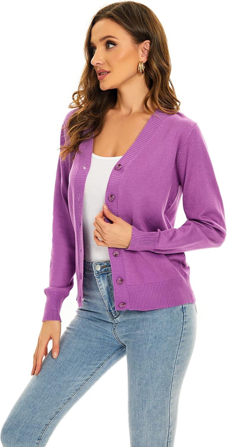imageWomens V Neck Button Down Long Sleeve Cardigan SweaterVdark Voilet