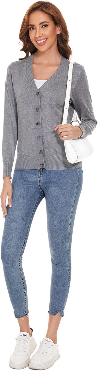 imageWomens V Neck Button Down Long Sleeve Cardigan SweaterVgray
