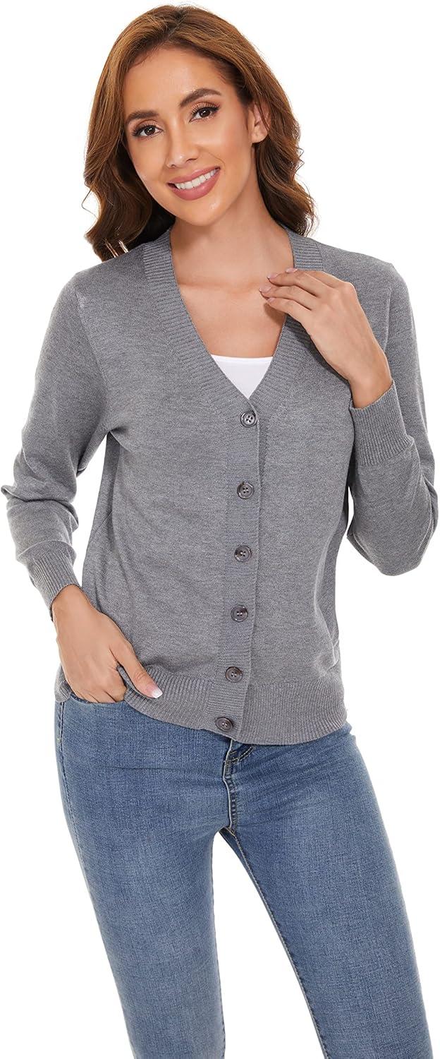 imageWomens V Neck Button Down Long Sleeve Cardigan SweaterVgray