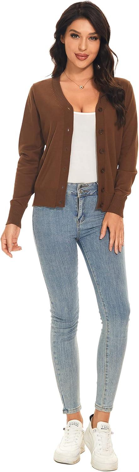 imageWomens V Neck Button Down Long Sleeve Cardigan SweaterVlight Coffee