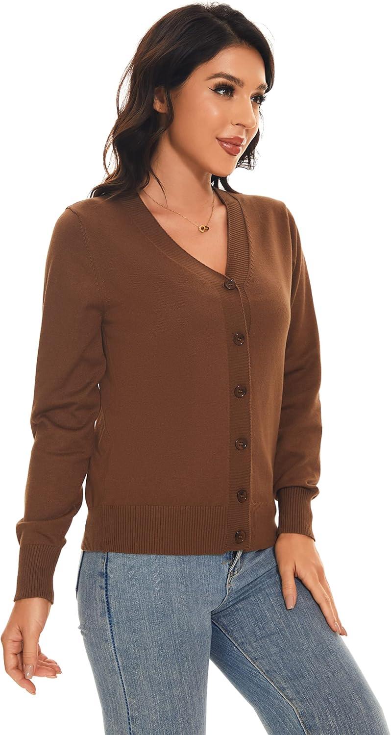 imageWomens V Neck Button Down Long Sleeve Cardigan SweaterVlight Coffee