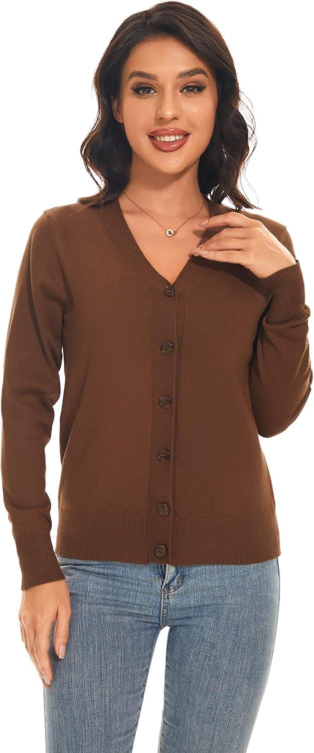 imageWomens V Neck Button Down Long Sleeve Cardigan SweaterVlight Coffee