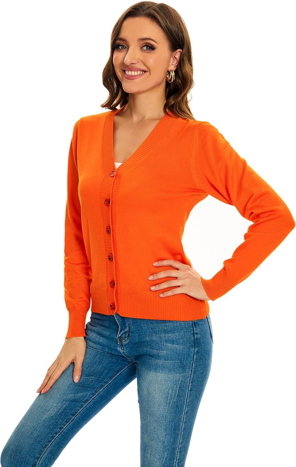imageWomens V Neck Button Down Long Sleeve Cardigan SweaterVorange