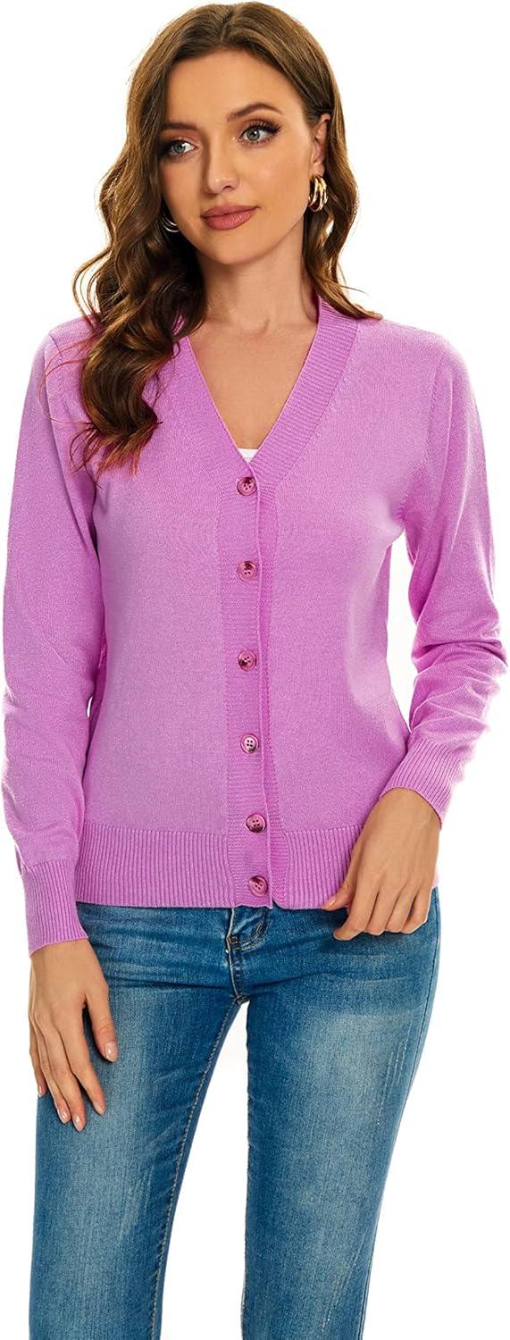 imageWomens V Neck Button Down Long Sleeve Cardigan SweaterVpink