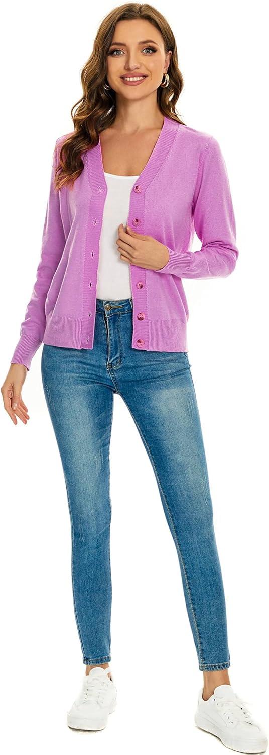 imageWomens V Neck Button Down Long Sleeve Cardigan SweaterVpink