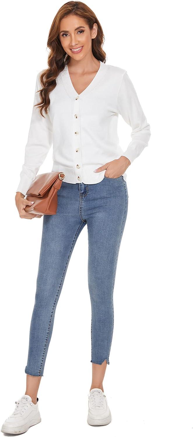 imageWomens V Neck Button Down Long Sleeve Cardigan SweaterVwhite