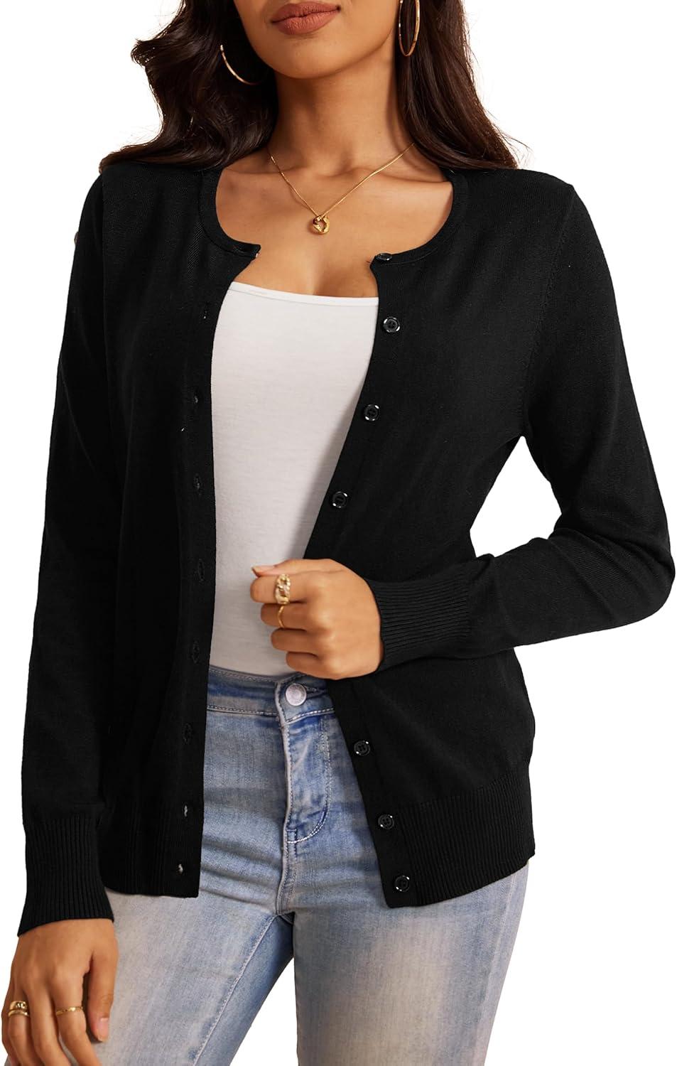 imageaJesdani Womens Button Down Crew Neck Long Sleeve Soft Knit Cardigan Sweaters01ablack