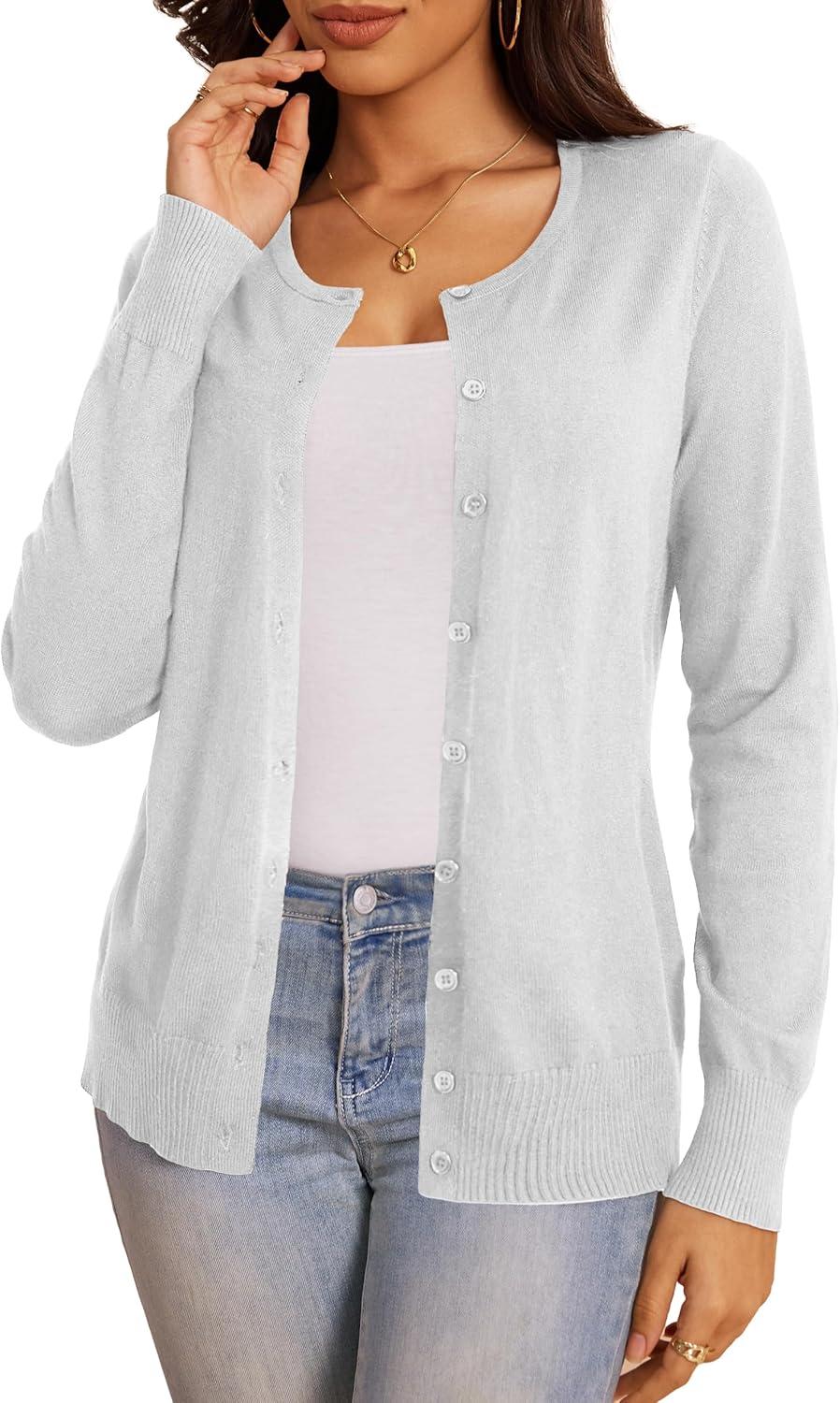 imageaJesdani Womens Button Down Crew Neck Long Sleeve Soft Knit Cardigan Sweaters01blight Grey