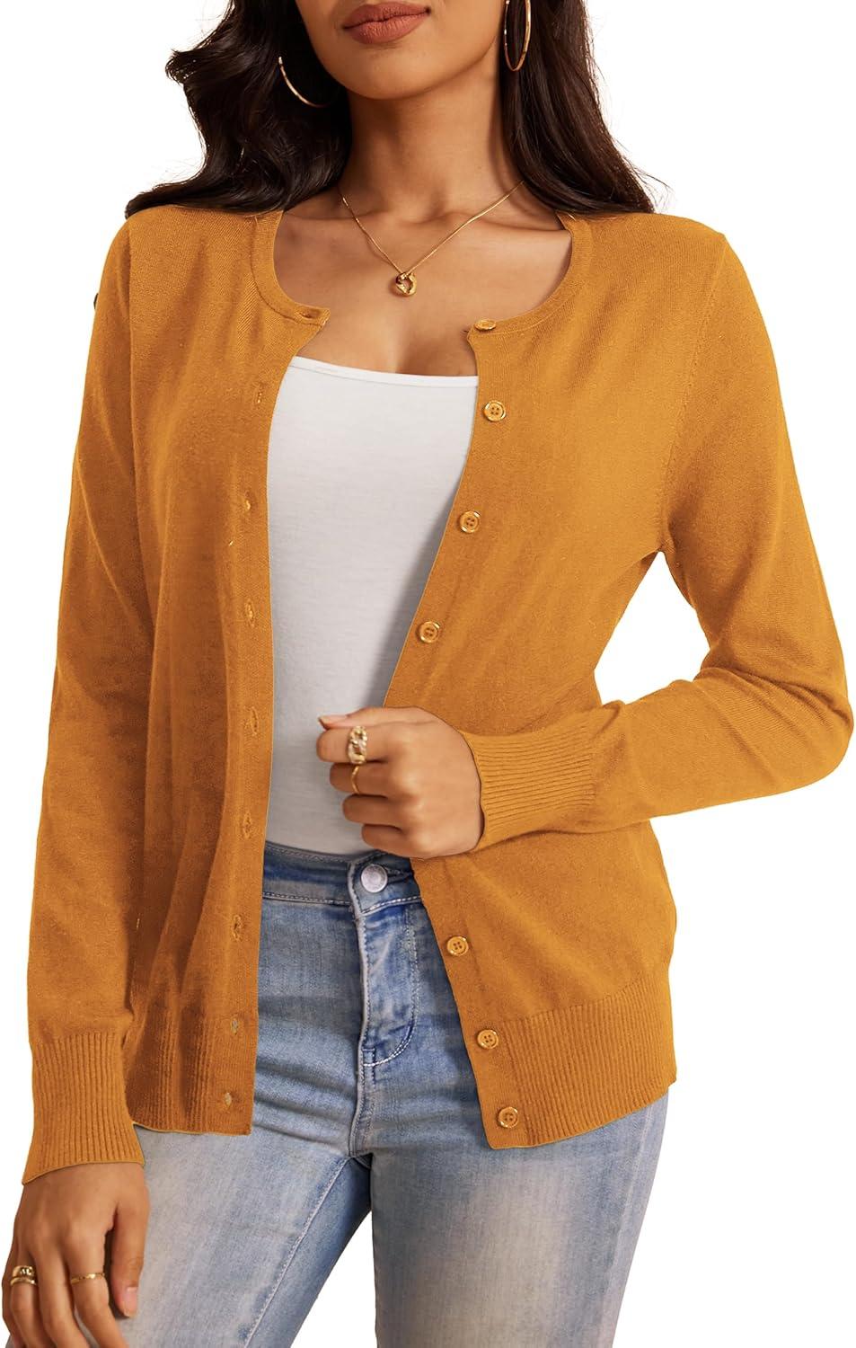 imageaJesdani Womens Button Down Crew Neck Long Sleeve Soft Knit Cardigan Sweaters01c1mustard