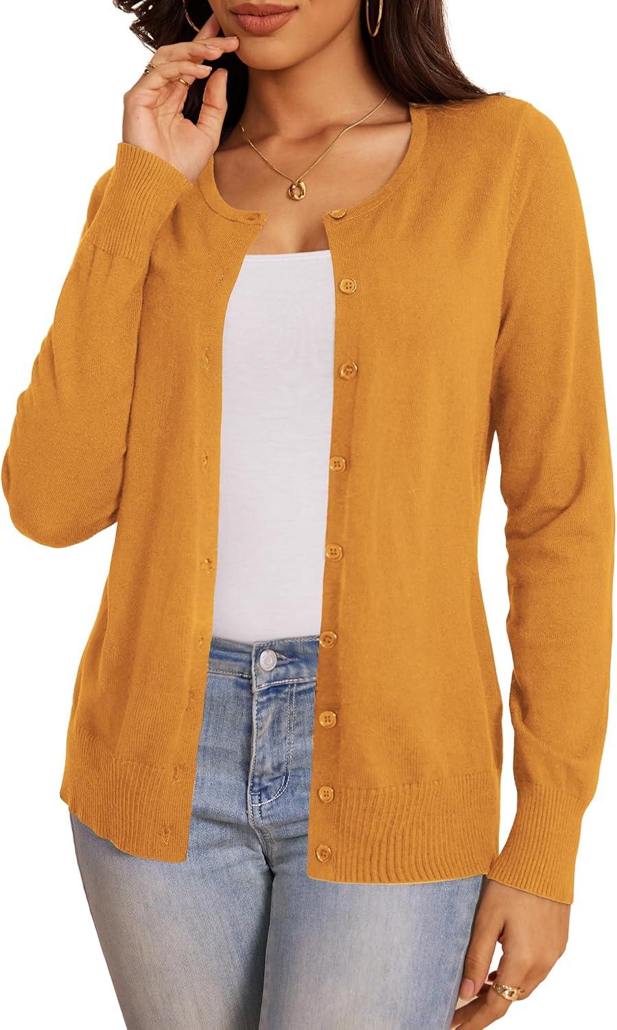 imageaJesdani Womens Button Down Crew Neck Long Sleeve Soft Knit Cardigan Sweaters01c1mustard